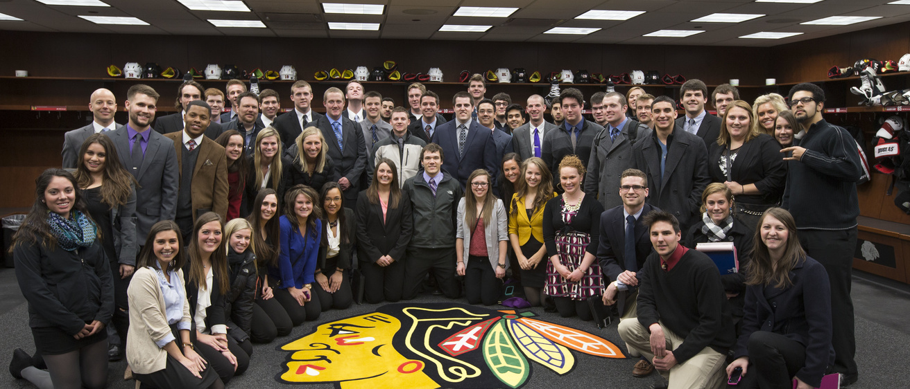 Students in the Recreation and Sport Business track in the Chicago Blackhawks locker room.