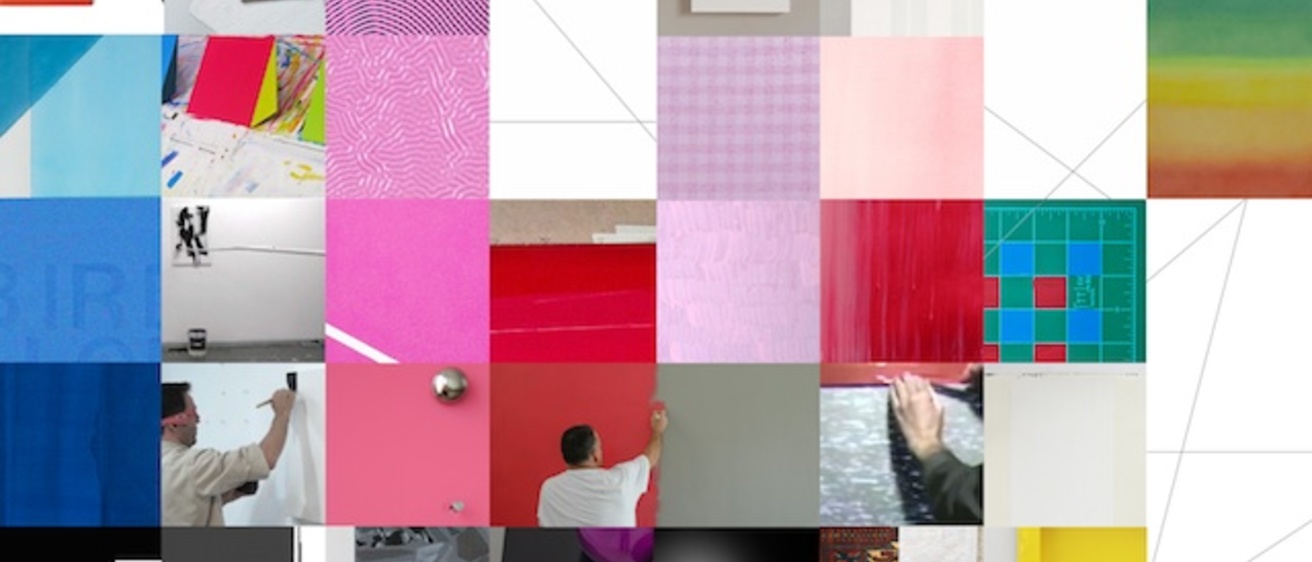 A work of art composed of squares, some bright colors, others with photos of men doing work