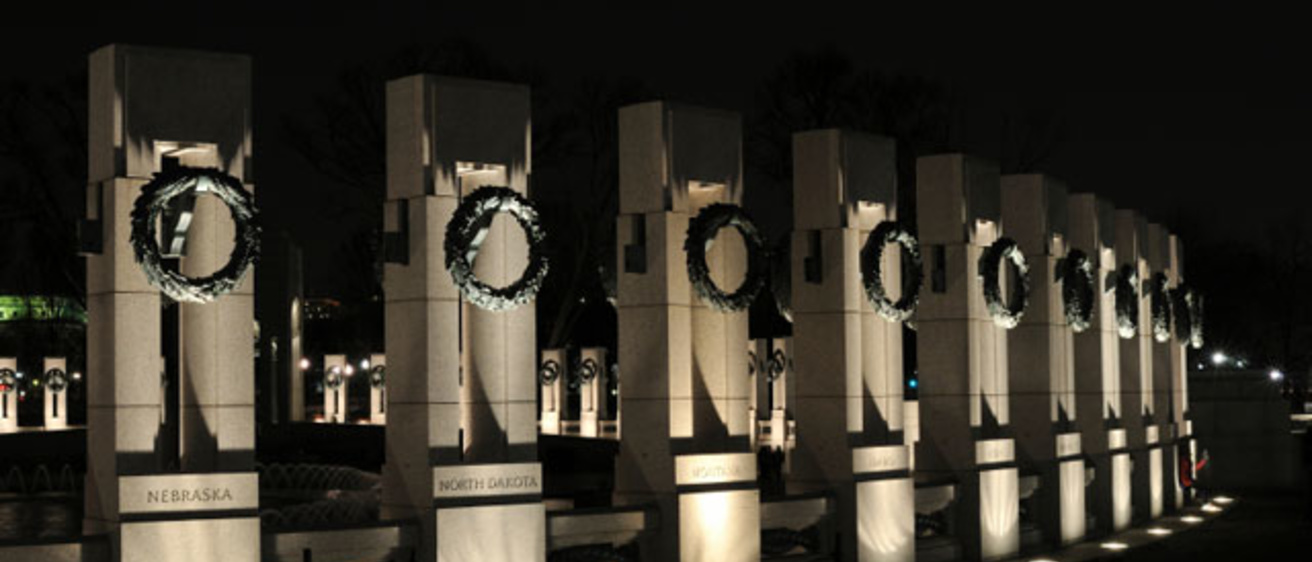 WWII memorial at night