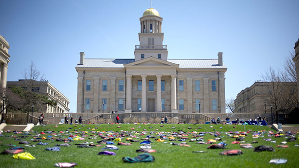 backpacks on Old Capitol lawn