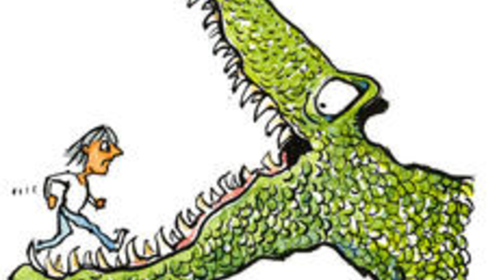 Illustration of a person running into a crocodile&#039;s mouth 