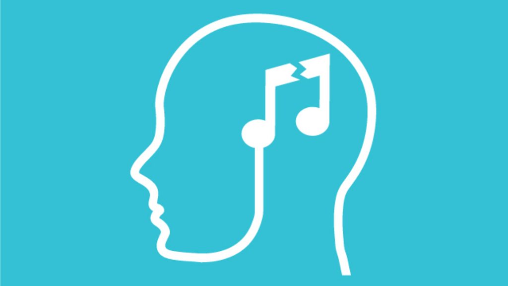 outline of human head in profile with broken music note centered over brain area