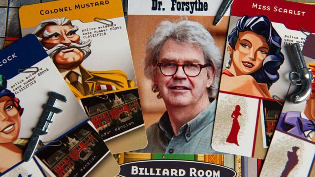 Photo illustration showing Eric Forsythe as part of a Clue board.