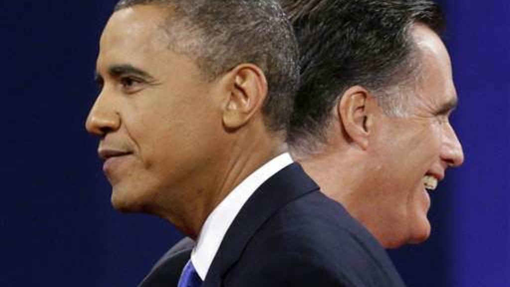 Photo of President Barack Obama and Gov. Mitt Romney, each looking in the opposite direction during third debate. Pablo Martinez Monsivais/Associated Press