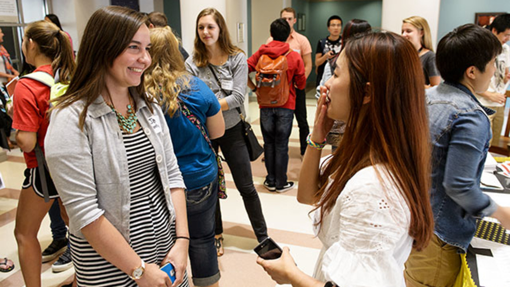 UI seniors Jade Manternach and Hyejung Kim meet for the first time during the International Buddies kickoff event on Friday, Sept. 19. 