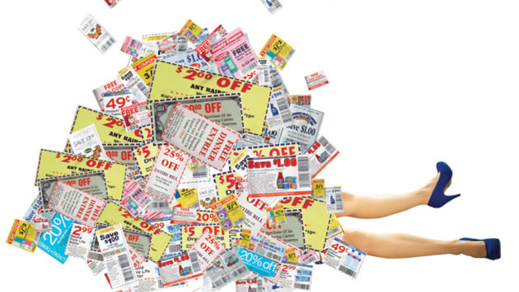 Illustration of a women buried under a pile of coupons with just her legs sticking out. Photo illustration by 731; Photographs by Alamy (3)