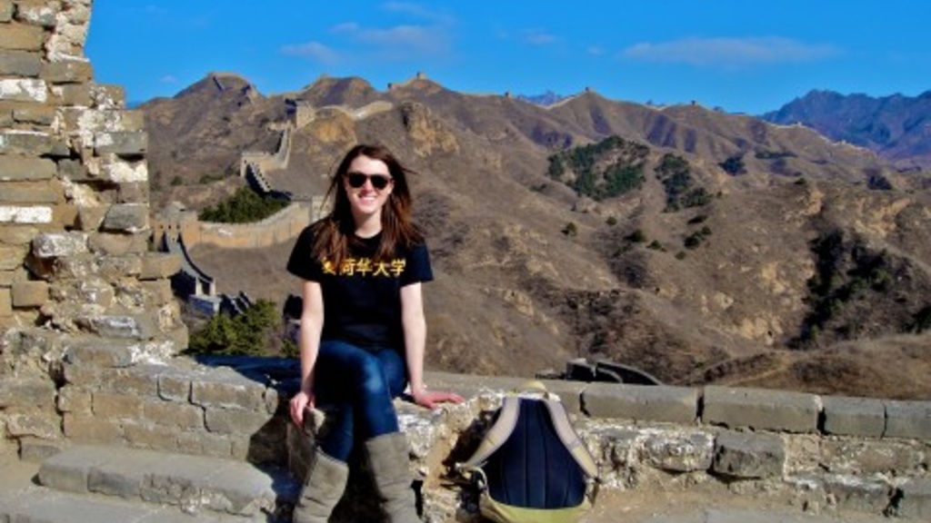 Natalie Gilkison wears a Chinese &quot;University of Iowa&quot; shirt while in China.