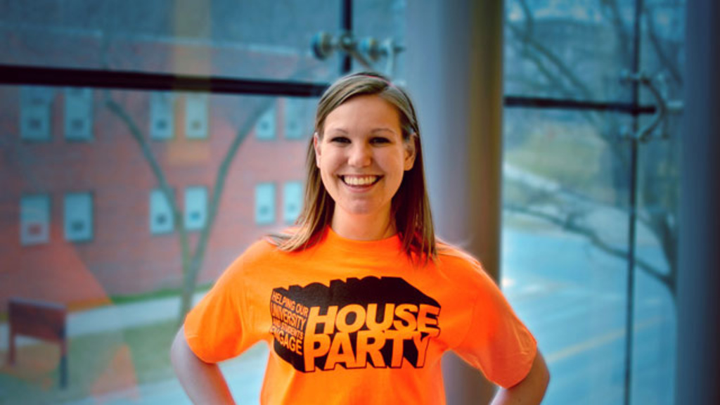 portrait of Katherine Valde wearing HOUSE party T-shirt
