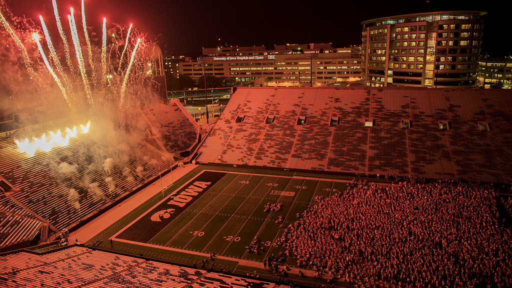 Fireworks go off at Kinnick during On Iowa festivities.