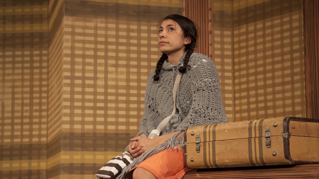 The protagonist in The Maleta sits next to her suitcase.