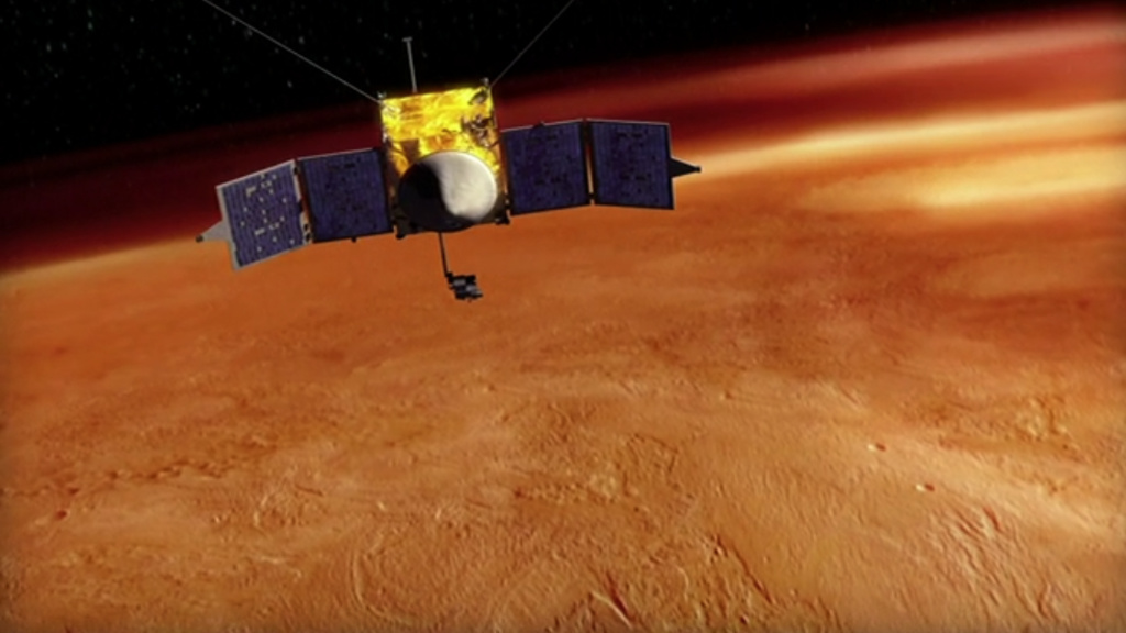Artist conception depicting MAVEN orbiting Mars. Image courtesy of NASA Goddard Space Flight Center.