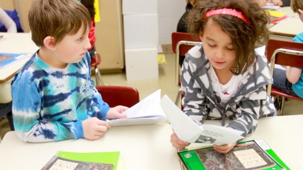 Jane Addams Elementary School third-graders Carter Morrell, 9, and Kadene Tatum, 9, work on reading together. Quad-City Times photo by Larry Fisher