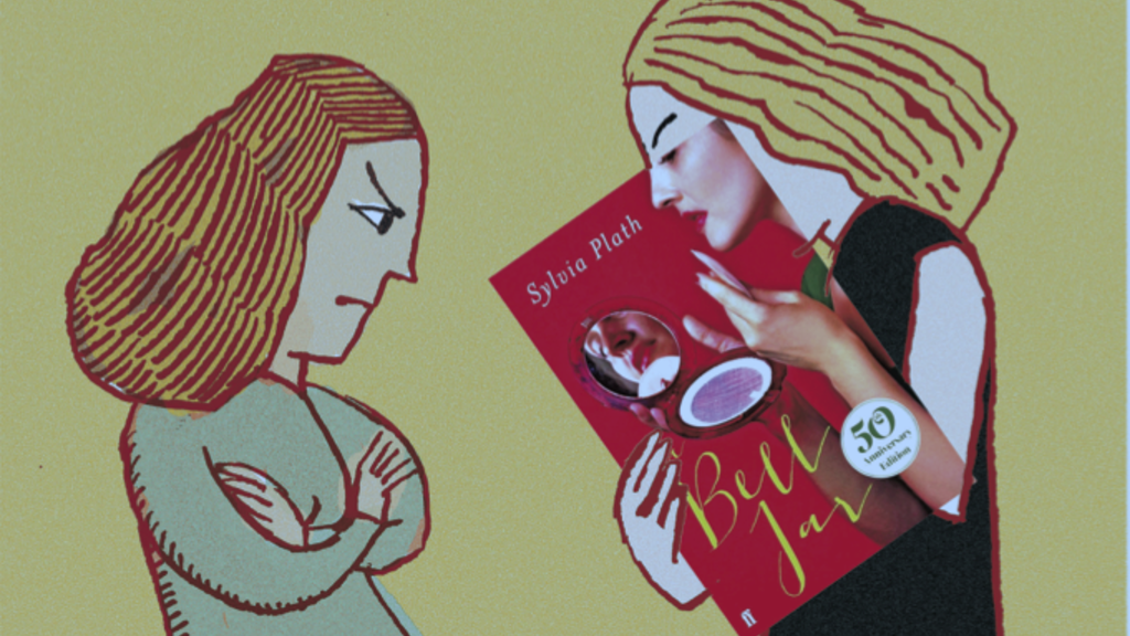 Illustration of two women looking at the book jacket of &#039;Bell Jar&#039;
