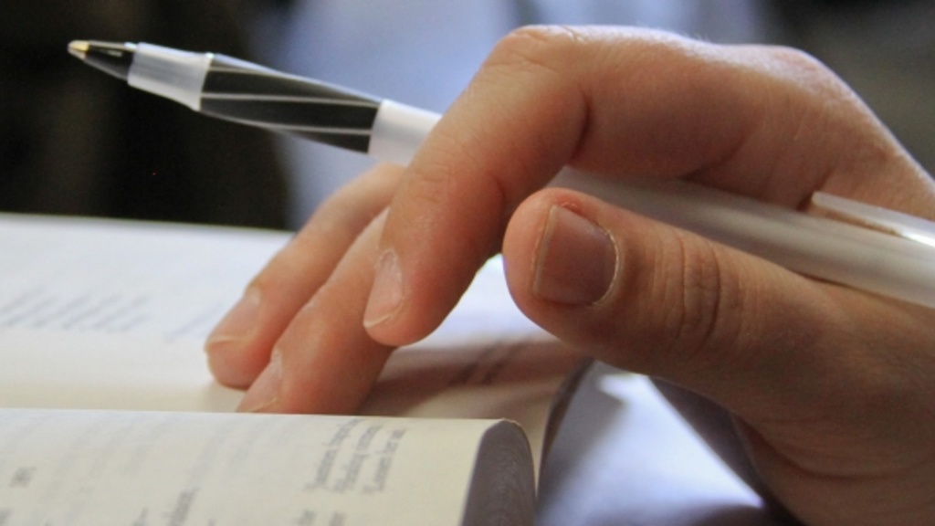 An image of writer holding a pen with an open journal