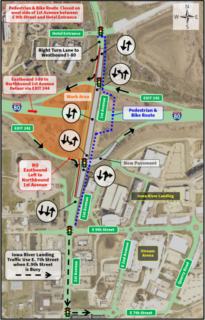 Map showing traffic shifts at First Ave/I-80 in Coralville