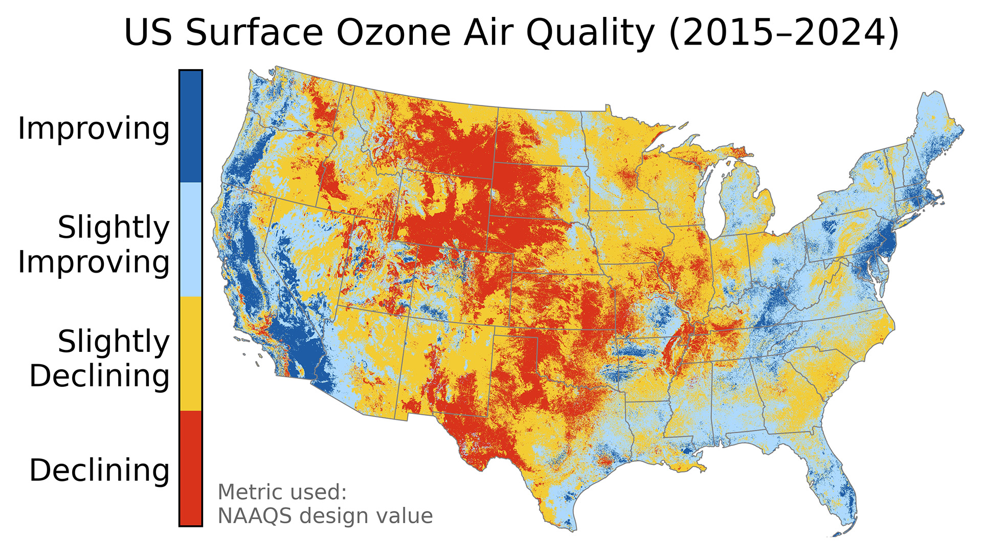 a map of the united states with color levels that indicate surface ozone levels. high concentrations can be found in the western plains and eastern rocky mountain range