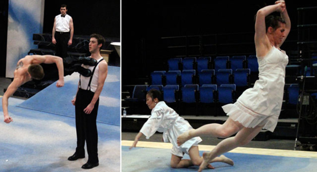 Two images from rehearsal depicting the physical athleticism of the cast