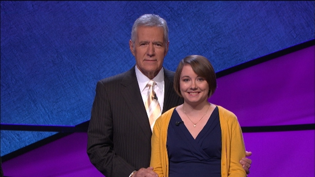 Sarah McNitt poses with Alex Trebek during her taping of Jeopardy!