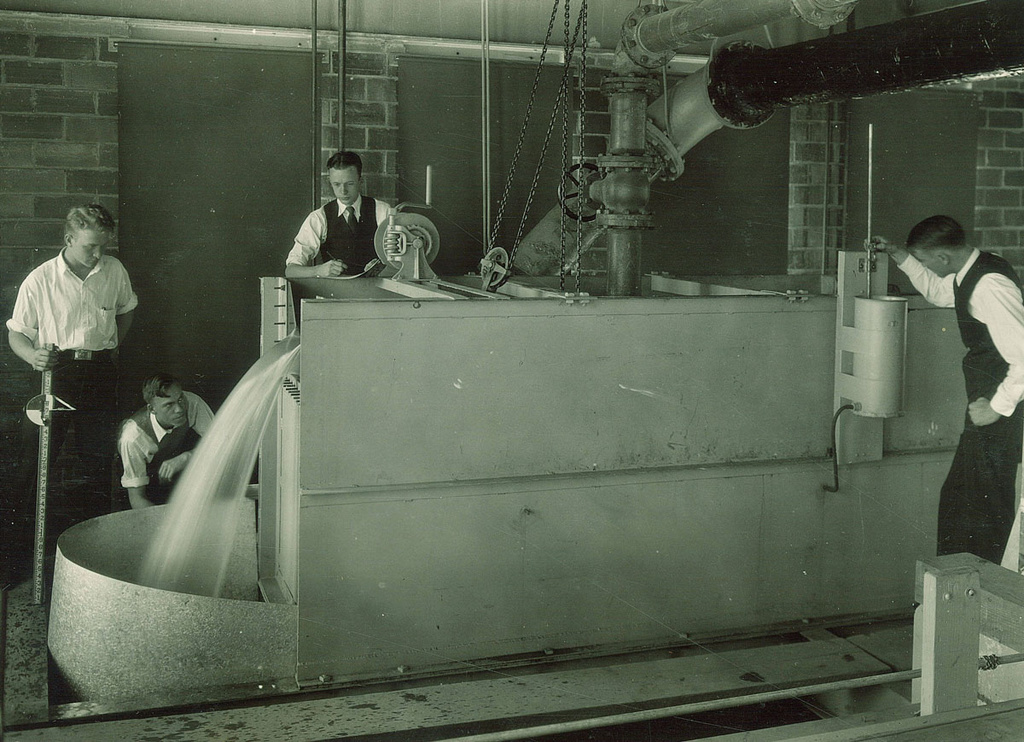 Students inside the Hydraulics Laboratory, 1930.  Image courtesy of the F.W. Kent Collection (RG 30.0001.001), University Archives, UI Libraries.