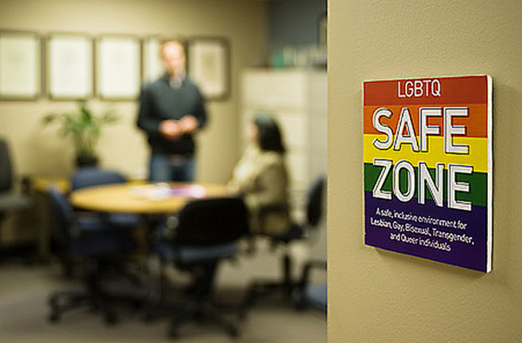safe zone sign in foreground, two people talking in background