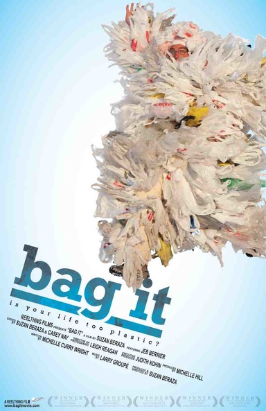 A movie poster with a big clump of plastic bags and the title of the movie "Bag It" 