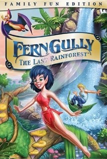 A poster for the movie "FernGully" with a girl in the foreground and a boy, bird and waterfall in the background