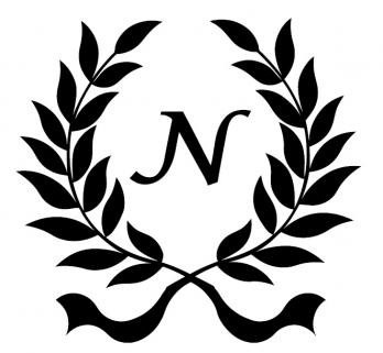 A drawing of a wreath of leaves with an "N" in the middle