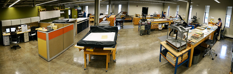 a wide-angle view of the University Libraries book conservation lab