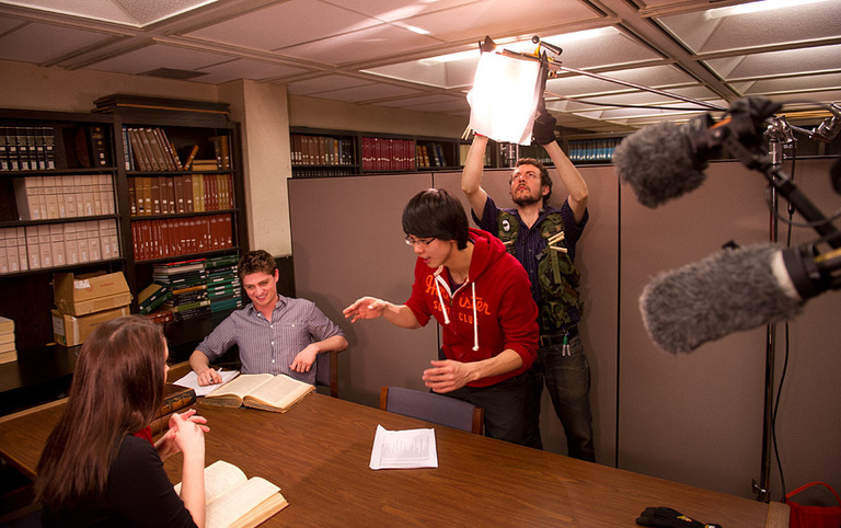 prepping a scene in the library
