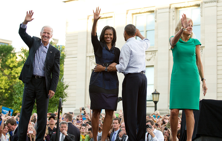 Vice President Joe Biden, first lady Michelle Obama, President Barack Obama and Jill Biden wave to the crowd