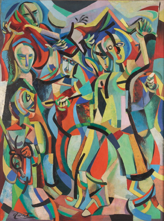 A multi-colored abstract painting of people