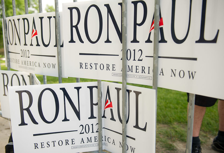 A group of Ron Paul signs.