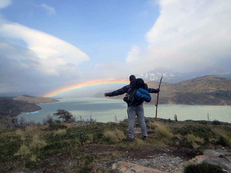 "Hiking the Chilean Patagonia" by Evan Kurtz received grand prize in the study abroad contest. While hiking through Torres del Paine National Park in Chile, Kurtz stopped to take in the beauty of glowing blue glaciers and a massive rainbow. Kurtz is a mar