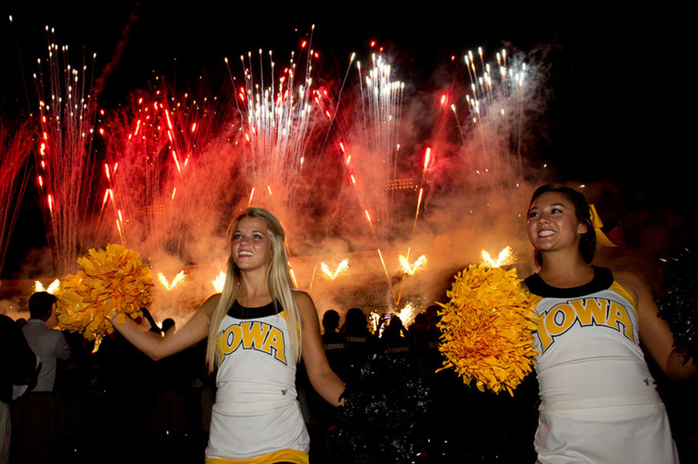Iowa cheerleaders and fireworks.