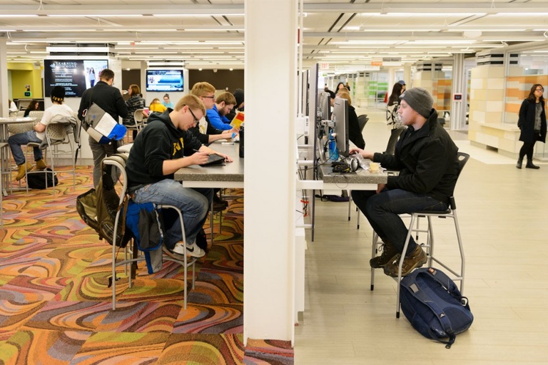 Students studying in the Main Library Learning Commons.
