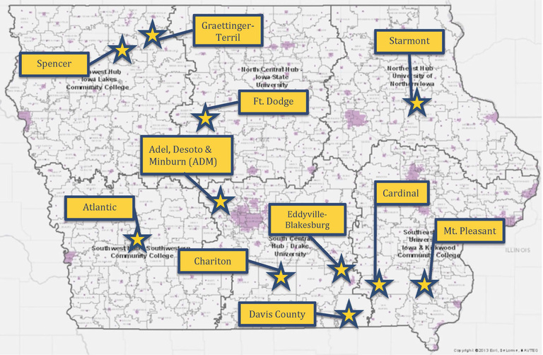 Schools selected to participate in this STEM program on state of Iowa map