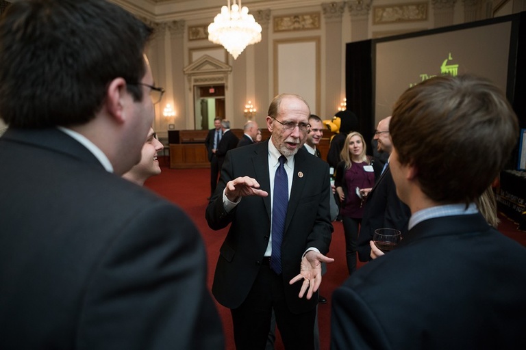 U.S. Rep. Dave Loebsack of Iowa talks with UI Student Government representatives, including Graduate and Professional Student President Ben Gillig, left, and Undergraduate Student President Katherine Valde (not pictured).