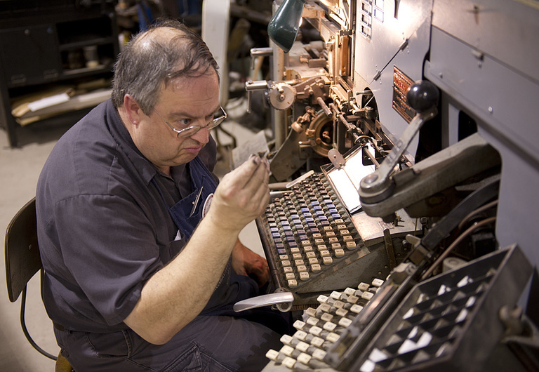 Typesetting demonstration in the print shop.