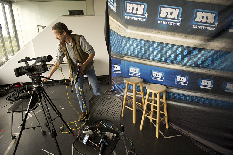 The Big Ten Network broadcast booth duirng setup.