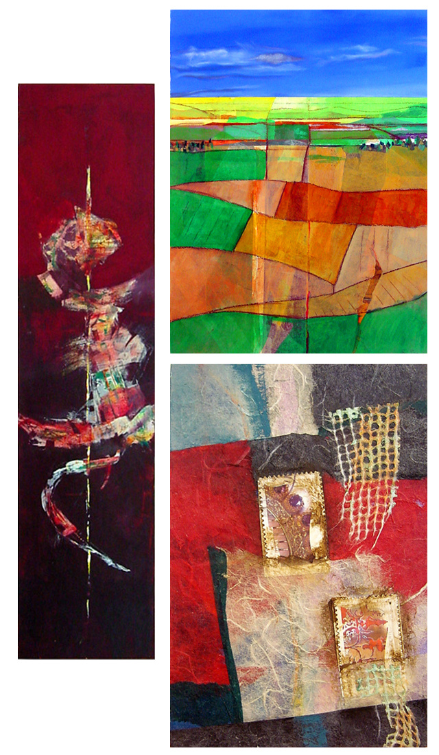Three pieces of art by Alicia Brown (clockwise from left): Twist, Bird's Eye View, and Memento I