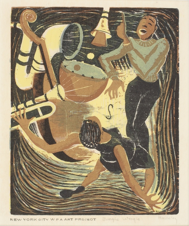 A wood engraving of a woman and man dancing, surrounded by jazz instruments