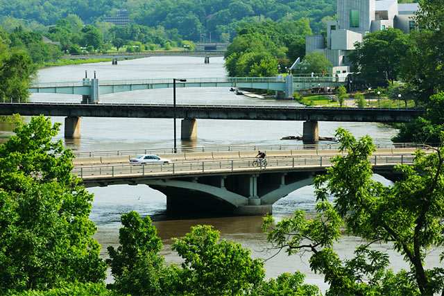 Color photo of the view from Hillcrest Hall, looking north on the Iowa River
