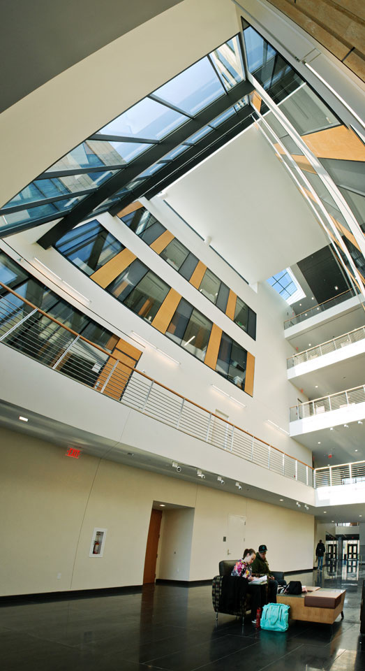 A wide-angle view up into the College of Public Heath Building atrium.