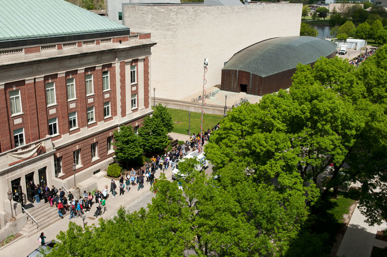People lined up outside the Iowa Memorial Union.