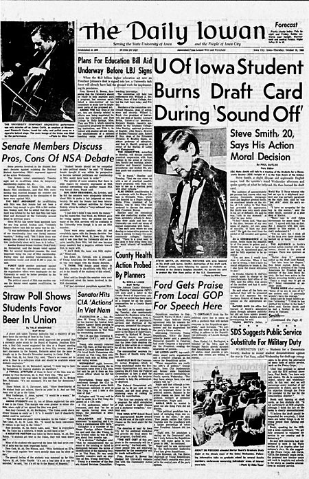 Front page of The Daily Iowan, Oct. 21, 1965