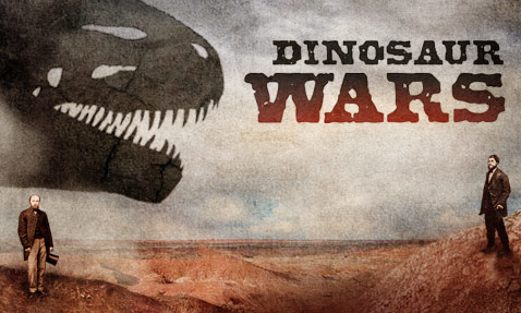 A poster with the words "Dinosaur Wars," the head of a dinosaur and two men, each on one side of the poster
