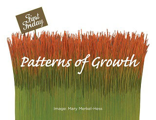 A photo of grass-like fibers in green and orange with the words "Patterns of Growth" superimposed on them.