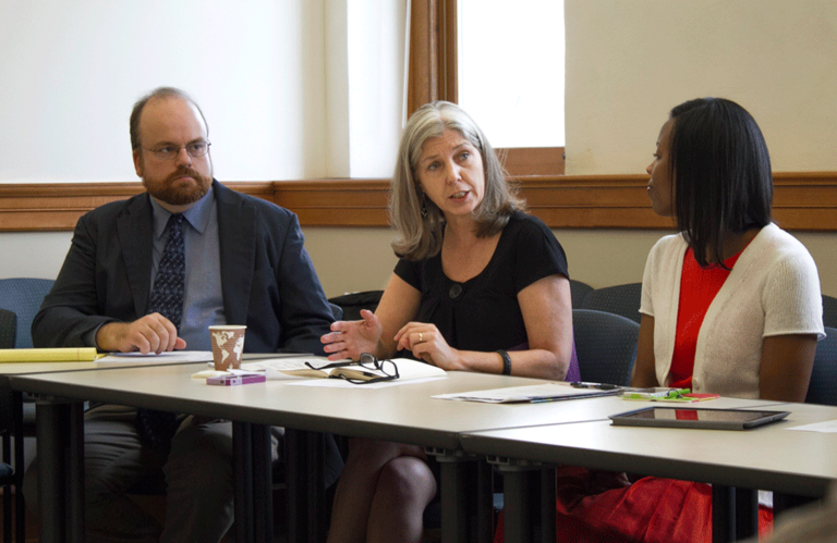 Craig Gibson, Teresa Mangum, and Lena Hill at the first meeting of the Humanities Advisory Board. 