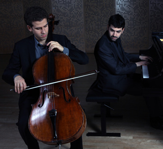 Pianist Michael Brown and cellist Nicholas Canellakis performing on stage