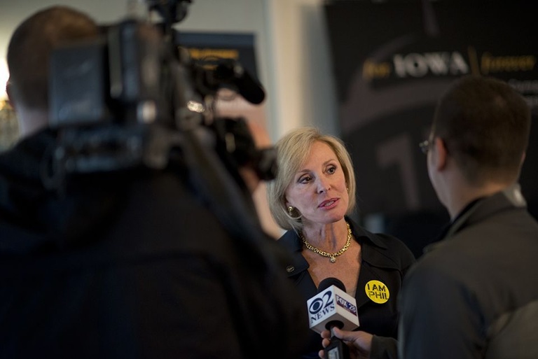 Campaign Co-chair Janice Ellig speaks with media May 2 after a media event announcing the Forever Iowa. Forevermore. campaign. 